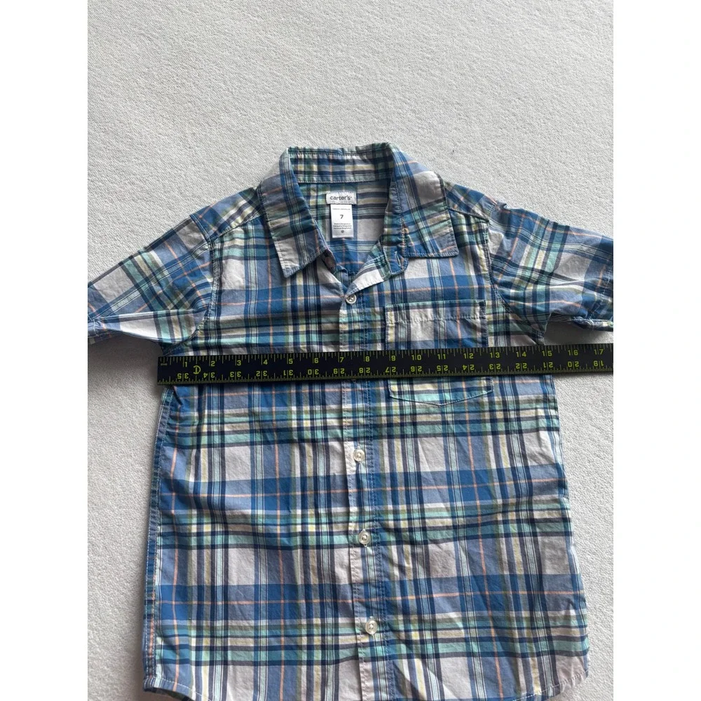 Carter's Plaid Button Down Shirt Kids Boys Size 7 Blue Green Short Sleeve Cotton